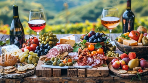  A wooden table laden with various cheeses and meats, bottles of wine, a bowl of grapes, and a glass of red wine