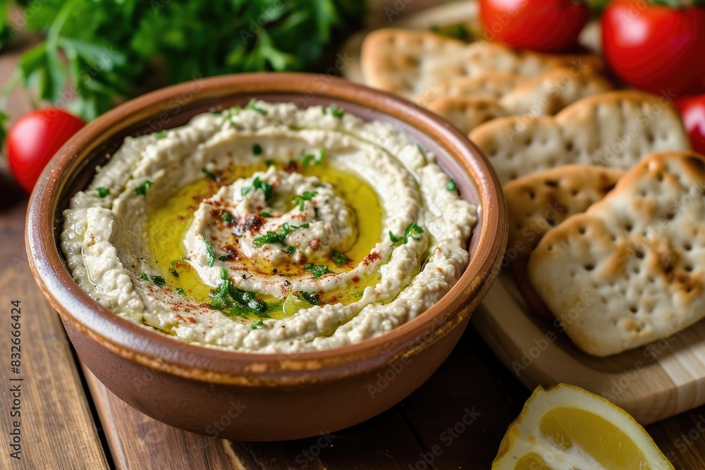 hummus served with crsipy pita bread hummus served with crsipy pita bread