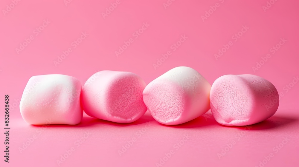 A cluster of marshmallows stacked on a pink surface, with one marshmallow partially concealed by others A cluster of marshmallows stacked on a pink surface, with one marshmallow partially concealed by others