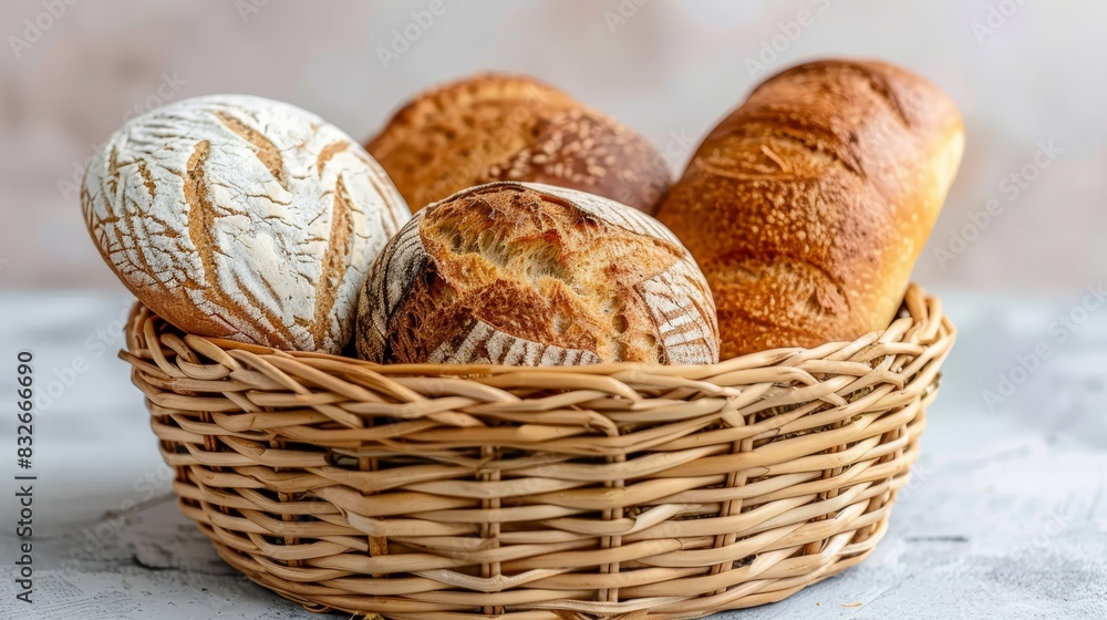 A wicker basket filled with loaves of bread A wicker basket filled with loaves of bread