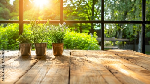  Three potted plants rest on a wooden table, facing a sunlit window Behind the scene, sunlight filters through trees and bushes Sunny day
