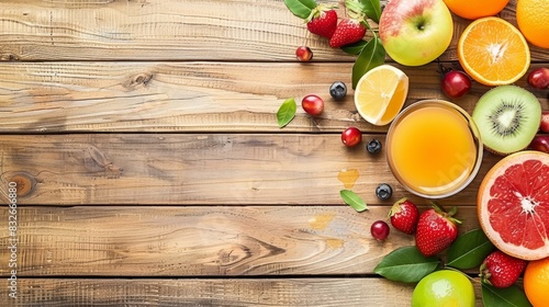  A glass of orange juice sits on a wooden table, encircled by fruits Oranges, apples, and strawberries adorn the sides Atop the glass, oranges