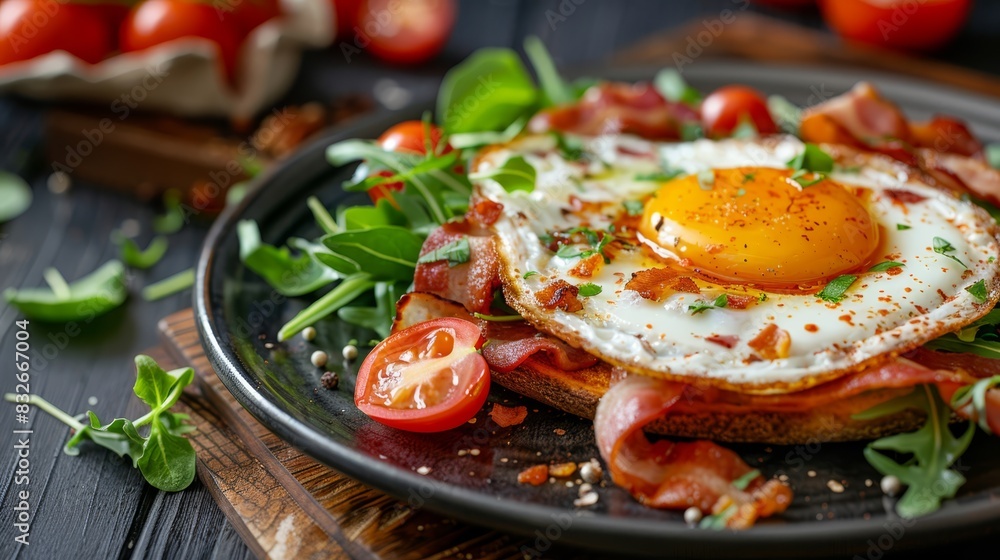 fried egg atop toast with bacon, tomatoes, arugula sprouts Wooden table background fried egg atop toast with bacon, tomatoes, arugula sprouts Wooden table background