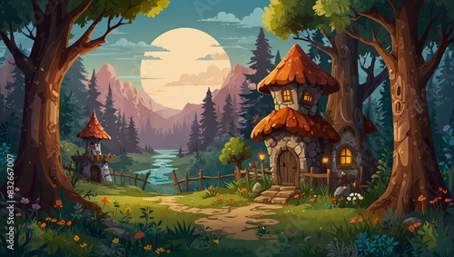 Fairy village landscape, never ending enchanted background with separated layers for games. 2d style