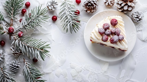  A cake sits atop a white plate, surrounded by pine cones and red berries Another white plate holds additional pine cones beside it