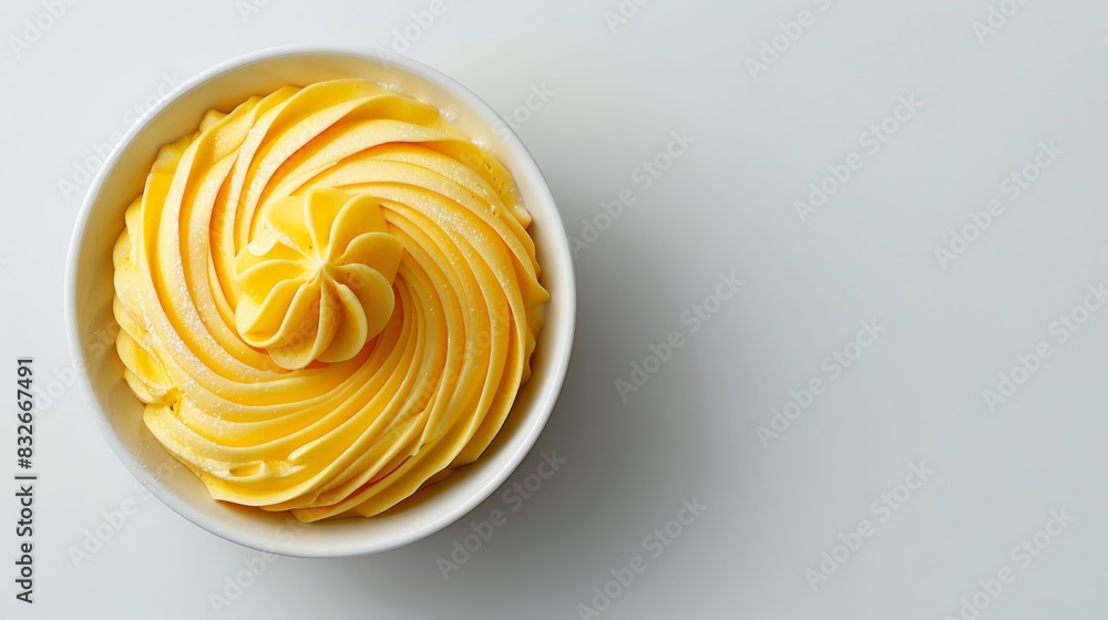 A white bowl holds yellow frosting Atop a nearby white table, a steaming cup of coffee resides, accompanied by an orange fruit slice A white bowl holds yellow frosting Atop a nearby white table, a steaming cup of coffee resides, accompanied by an orange fruit slice