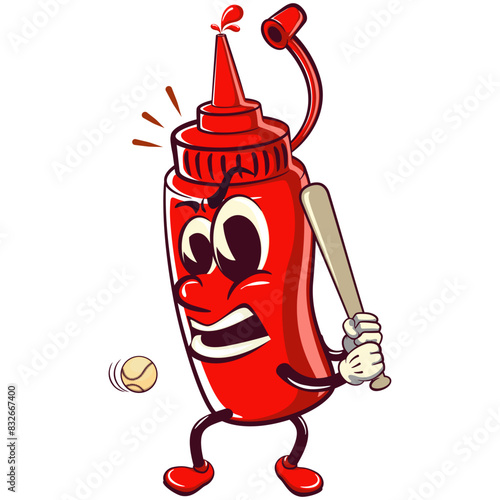 vector vintage illustration of cute ketchup bottle mascot character ready to hit with a baseball bat, work of hand drawn