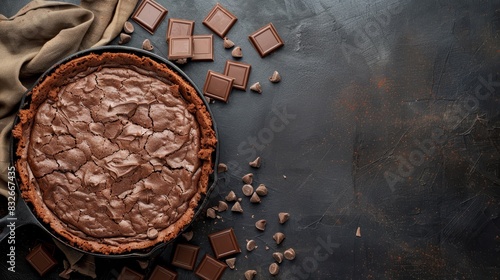 A chocolate pie on the table, surrounded by separate pieces of chocolate atop a cloth, with one piece situated in the pie's center photo