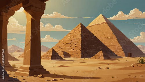 Egypt pyramids parallax background 2d desert landscape Egyptian ancient landmarks at golden sand dunes of Sahara nature cartoon scenery view with separated layers for game scene,. 2d style photo