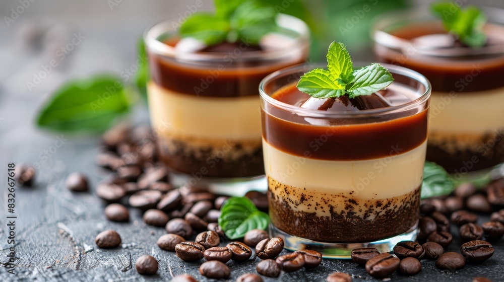 Three desserts sit atop the table Coffee beans and green leaves adorn the sides of their glass rims The desserts are garnished with chocolate and green leaves Three desserts sit atop the table Coffee beans and green leaves adorn the sides of their glass rims The desserts are garnished with chocolate and green leaves