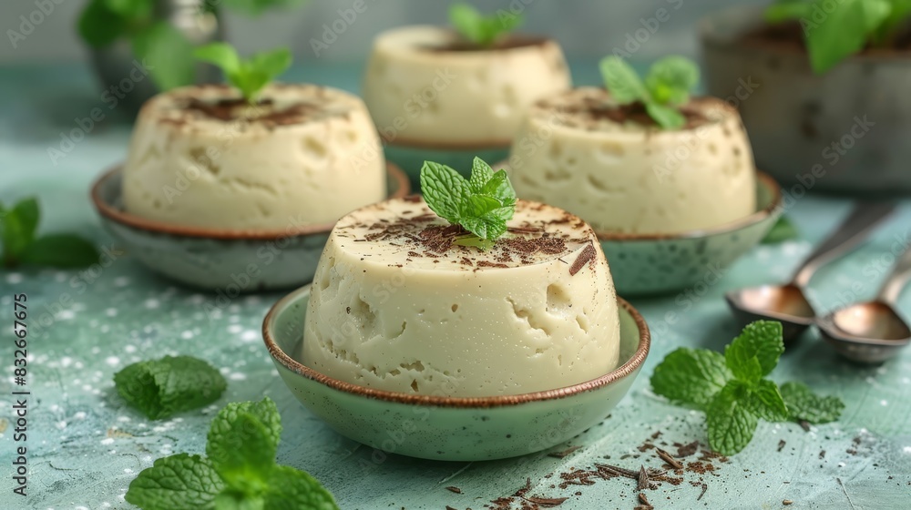  A group of small desserts sits atop the table, nearby is a spoon and a cup filled with ice cream, garnished with a mint sprig