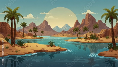 Desert oasis with palm trees and water backdrop for game levels. 2d style