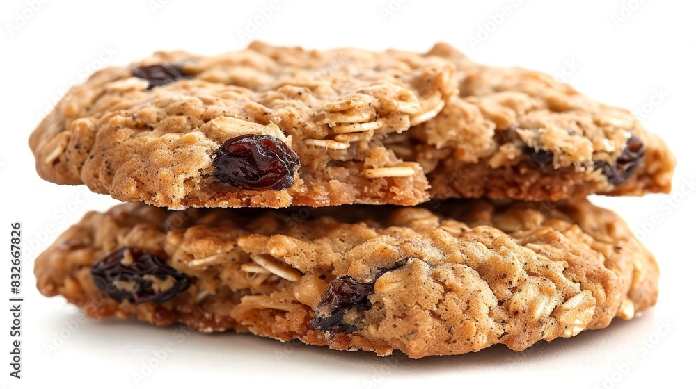 Two oatmeal cookies stacked, cranberries and almonds atop White background only Two oatmeal cookies stacked, cranberries and almonds atop White background only