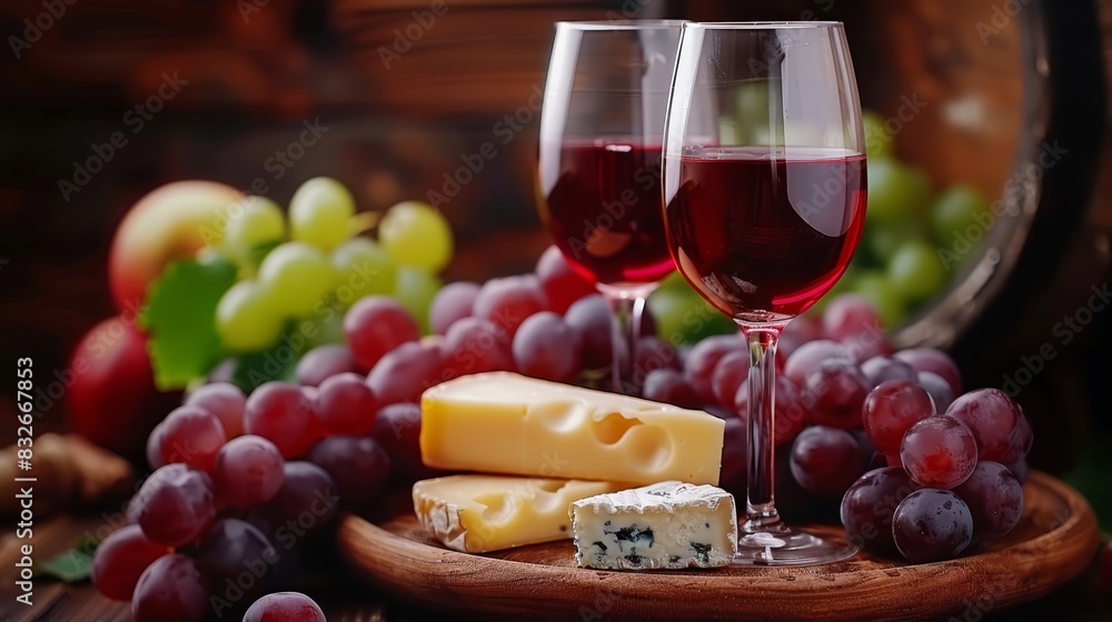  Two glasses of wine, cheese, and grapes rest on a wooden platter A barrel of wine dominates the background