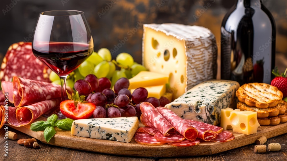 A wooden platter holds an assortment of cheeses and meats Nearby, a glass of wine sits on the table, accompanied by an uncorked bottle (4 A wooden platter holds an assortment of cheeses and meats Nearby, a glass of wine sits on the table, accompanied by an uncorked bottle (4
