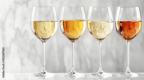  A row of wine glasses sits atop a table, next to a white marble wall Behind the glasses, another white marble wall holds various types of wine
