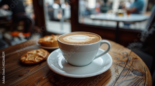  A cup of steaming cappuccino rests on a saucer, accompanied by a single biscuit The scene unfolds before a wooden table, with a window framing the