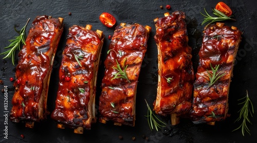  Group of ribs, generously coated in BBQ sauce, garnished with a fresh sprig of rosemary Presented against a black surface with red pepper accents and verd photo