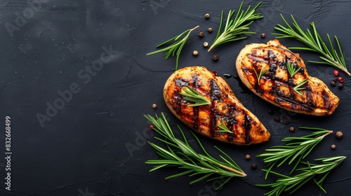  Two grilled chicken breasts with rosemary sprigs on a black background , include text or image here photo