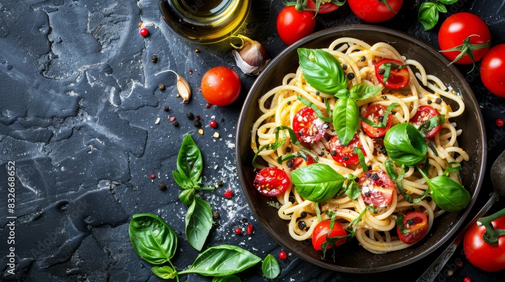 A plate of pasta, adorned with tomatoes, basil, and olives Nearby, a bottle and a glass of olive oil rest on a black stone tabletop A plate of pasta, adorned with tomatoes, basil, and olives Nearby, a bottle and a glass of olive oil rest on a black stone tabletop