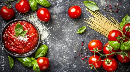  A plate of spaghetti, topped with tomatoes and basil Nearby, a bowl of tomato sauce and basil rests A bunch of each garnishes