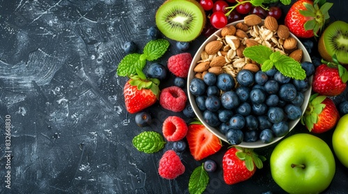  A bowl brimming with fruits and nuts against a backdrop of black  showcasing berries  kiwis  raspberries  and a solitary kiwi on a ch