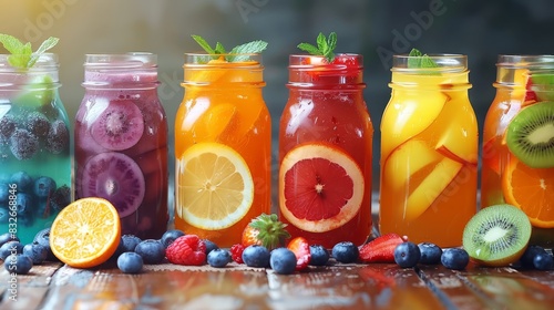  A collection of mason jars, each brimming with distinct fruits and vegetables, sits atop a weathered wood table Nearby, a heap of blueberries, oranges,