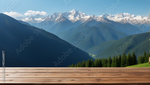 podium ,a wooden fence with a wooden fence and a mountain in the background. © Эля Эля