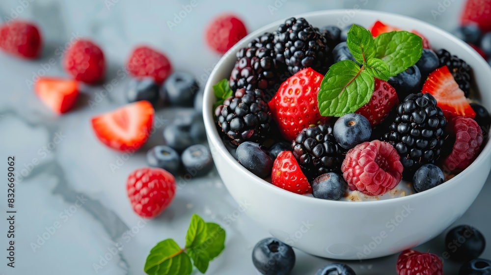 raspberries and blueberries Mint leaves gracefully drape over the edge, while a raspberries and blueberries Mint leaves gracefully drape over the edge, while a