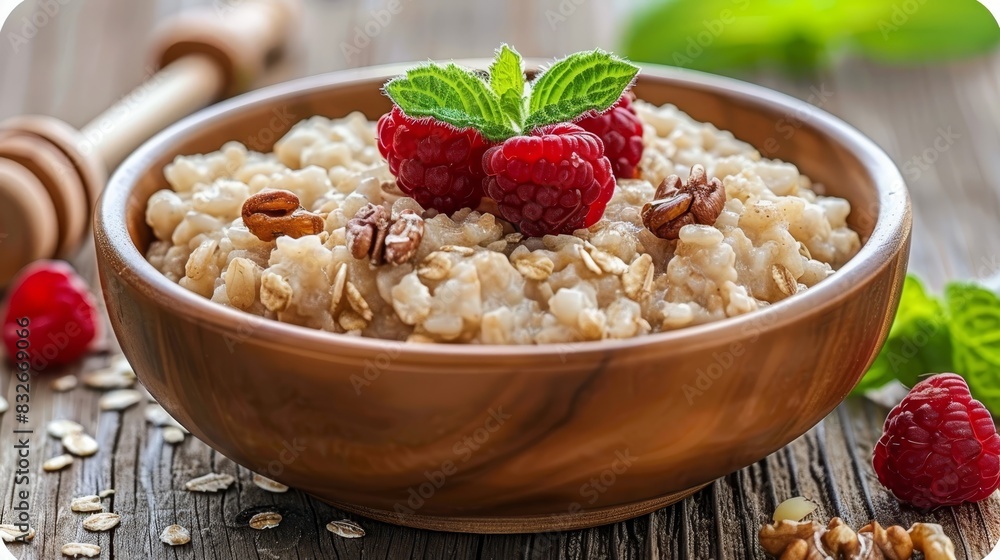 A bowl of oatmeal topped with raspberries and walnuts sits on a weathered wooden table Nearby, a wooden spoon and a jar of nuts are within reach A bowl of oatmeal topped with raspberries and walnuts sits on a weathered wooden table Nearby, a wooden spoon and a jar of nuts are within reach