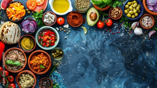  A table laden with various foods, adjacent to bowls of veggies and saucers atop a blue surface A chalkboard rests centrally