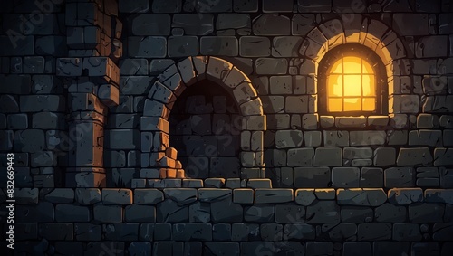 Castle dungeon brick wall cartoon background for game. 2d style