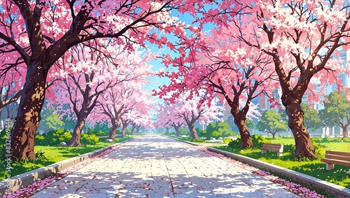 Cherry blossom park with blooming trees, gentle petals falling, and a serene pathway, delicate and beautiful. 2d style