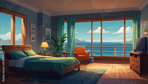 Coastal bedroom sea view interior illustration in cartoon style Bright colors, empty room scene for game background. 2d style