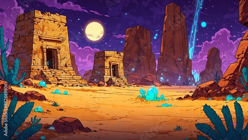 Cartoon mystic desert with ancient ruins and glowing orbs for fantasy games. 2d style