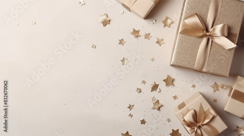 Gold fabric background. Xmas gold gift box and ribbon viewed from above. Text space empty for Merry Christmas and happy New Year. Horizontal banner, header for website. Vector illustration