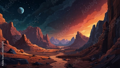 Cartoon space canyon with deep cracks and vibrant sky for adventurous games. 2d style