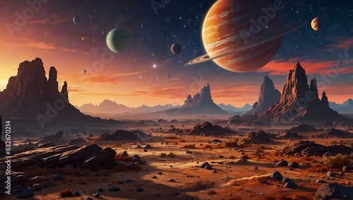 Cartoon alien landscape with rocky ground and colorful sky filled with planets. 2d style photo