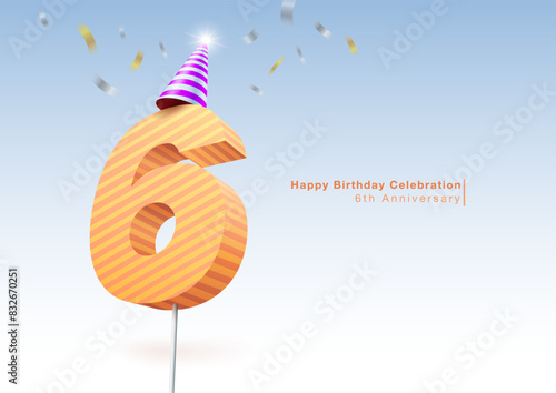 Celebrating 6th anniversary. 3D pastel colored candle number 6 wearing a party hat. Multi-colored ribbons were scattered behind. Use for birthdays, weddings, company anniversaries. Vector file.