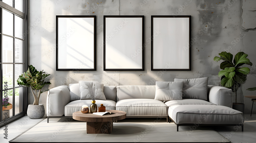 Mockup frame in modern living room interior with a minimalist design and grey sectional sofa. Gen AI Mockup frame in modern living room interior with a minimalist design and grey sectional sofa. Gen AI