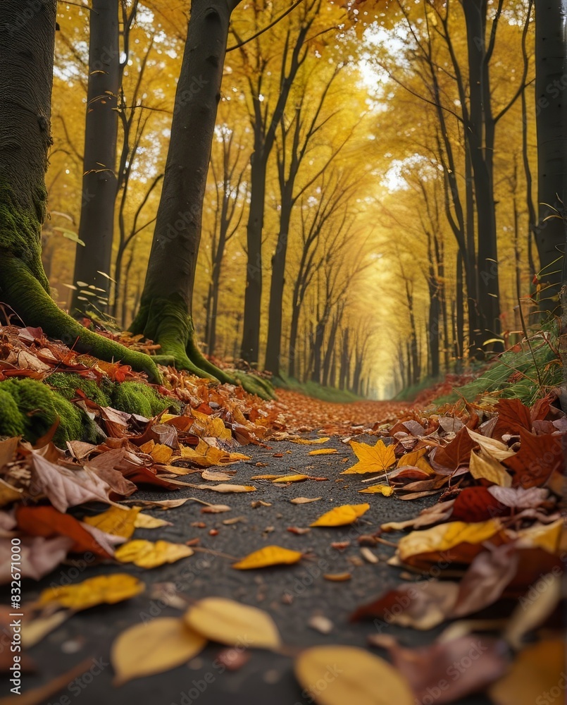 Fototapeta premium A Serene Autumn Forest Captured in Hyperrealistic Detail with Colorful Leaves and Majestic Trees in a Dense Woodland Setting