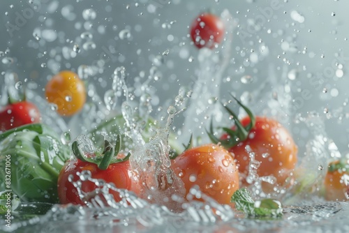 Fresh Tomatoes and Greens Splashing in Water