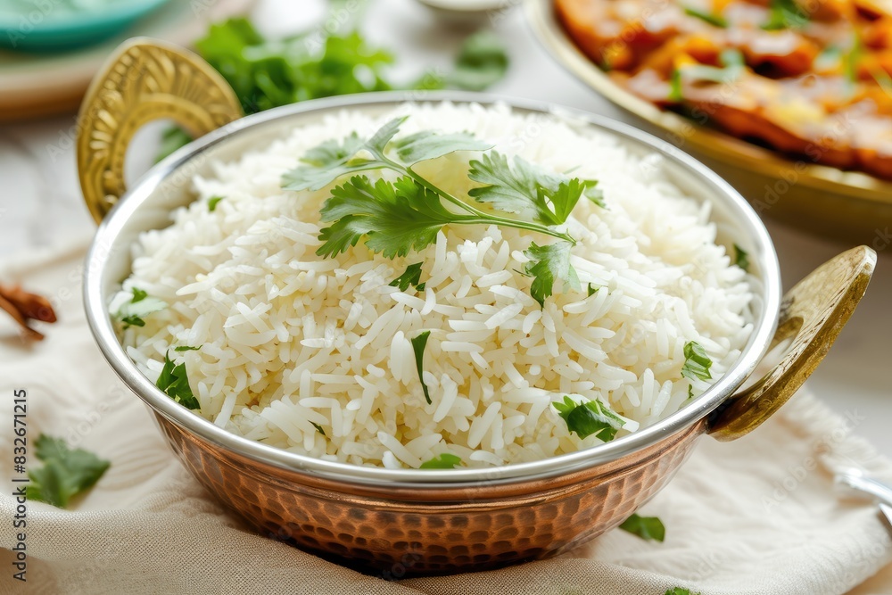 boiled white rice served in white bowl with topping of coriander leaves boiled white rice served in white bowl with topping of coriander leaves