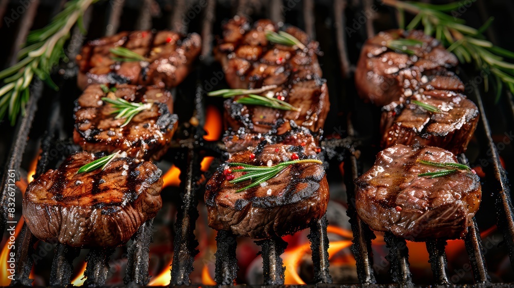 Closeup of sizzling beef steak with charred grill marks, juicy and tender, outdoor BBQ, culinary delight, highresolution image, isolated background, copy space