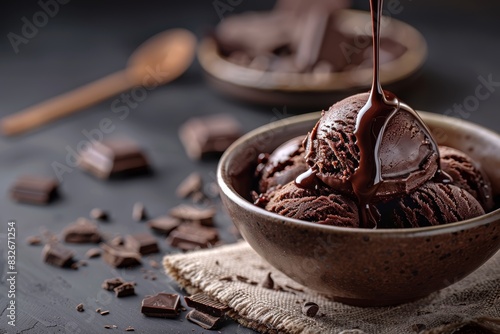 Closeup of chocolate ice cream, drizzling chocolate sauce, dark background, luxurious dessert, highresolution image, isolated background, copy space photo