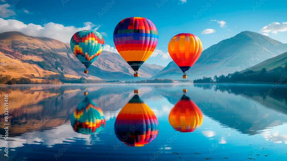 Fototapeta premium Colourful hot air balloons flying over a lake surrounded by mountains