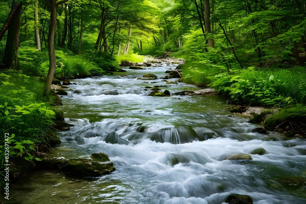 Obraz premium Tranquil Forest Stream with Vibrant Greenery