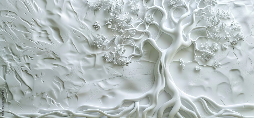 3D relief white tree wallpaper mural wall. AI generated illustration 3D relief white tree wallpaper mural wall. AI generated illustration