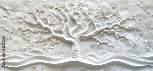 3D relief white tree wallpaper mural wall. AI generated illustration