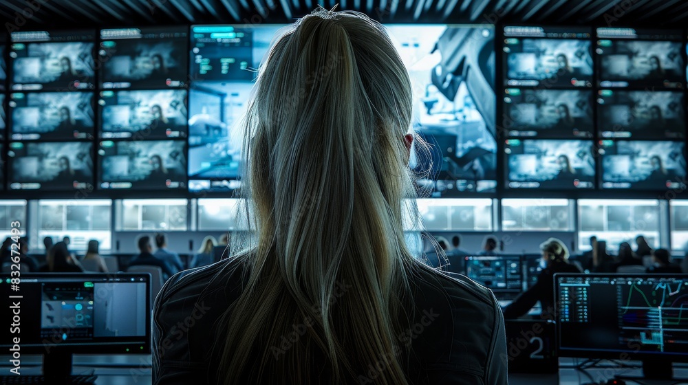 Woman working in high-tech command center monitoring multiple screens. Advanced technology and security surveillance concept. Woman working in high-tech command center monitoring multiple screens. Advanced technology and security surveillance concept.